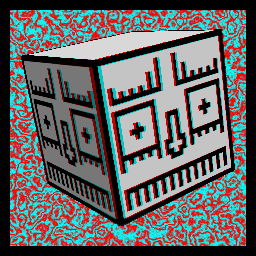 cube with upset skeletal face pattern on all faces in front of a red and cyan background.