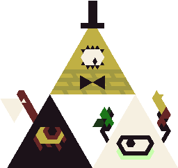 (Bill Cipher from Gravity Falls, Mono eye Wizard from Gregory Horror Show, and Yung Venuz from Vlambeer)